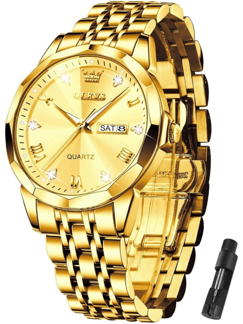 Men's All Gold Stainless Steel Analog Quartz Diamond Waterproof Luxury Watch